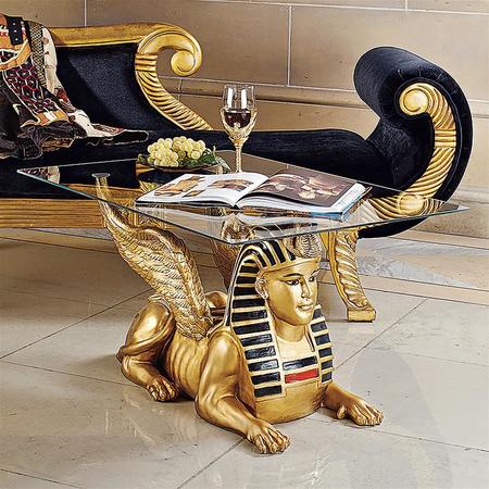 DESIGN TOSCANO Golden Egyptian Sphinx Glass-Topped Sculptural Table KY532